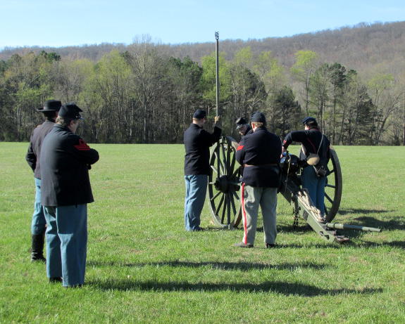Members of Companies K and H begin drill on the Parrott rifle during the Turner Spring Drill at the Battle of Pilot Knob State Historic Site in Pilot Knob, MO, April 9, 2016.