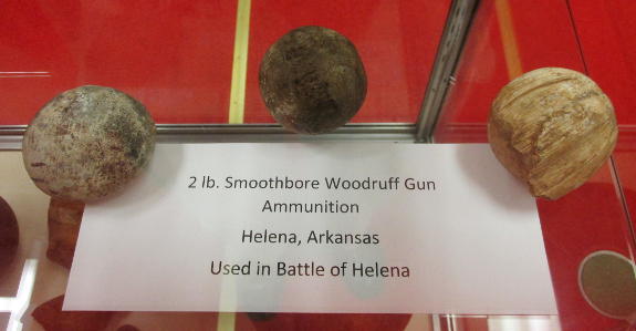 Three round lead Woodruff shot fired during the Battle of Helena, AR, July 4, 1863. Note the deformation of the shot, especially the one on the right. These are on display in the Helena Museum of Phillips County in Helena, AR. Sabot strap impressions are not in evidence on these shot.