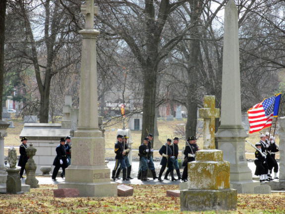 The honor guard procession approaches the gravesite of William T. Sherman during the Sherman Day ceremony at Calvary Cemetery in St. Louis, MO, February 28, 2016.